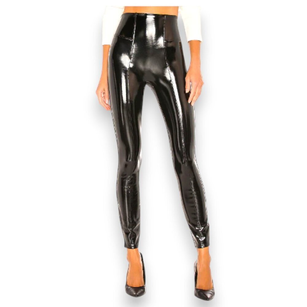Spanx Black Faux Patent Leather High Waisted Shaping Leggings Size M